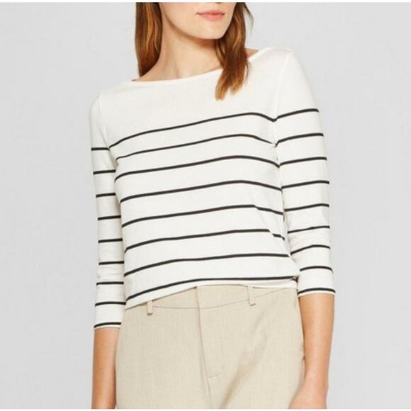 A New Day Boat Neck Striped Blouse Top Womens XXL White Black 3/4 Sleeve Preppy - Picture 1 of 7